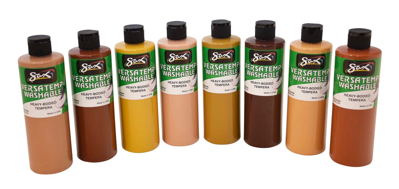 Sax Versatemp Washable Heavy-Bodied Tempera Paint, 1 Pint Bottles, Skin Tone Colors, Set of 8